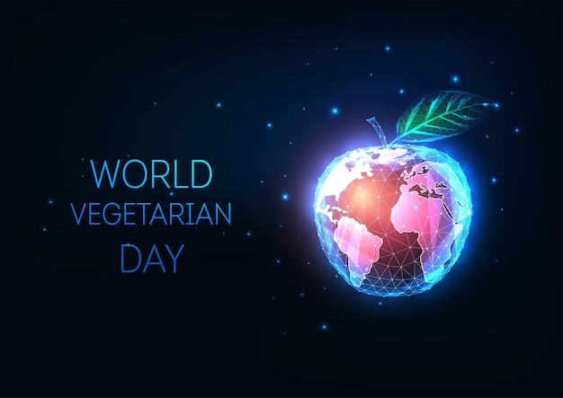 Concepto del día mundial del vegetariano con manzana resplandeciente abstracta y globo terráqueo