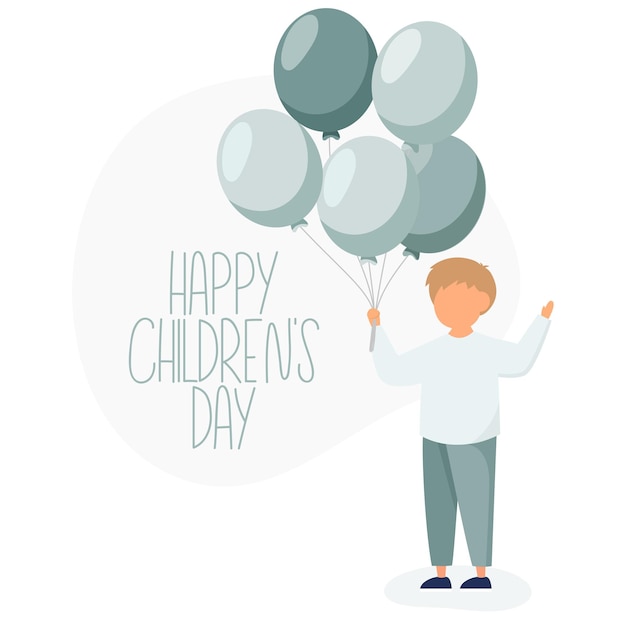 Concepto del Día del Niño Feliz Niño de pie con globos Celebre el día de los niños