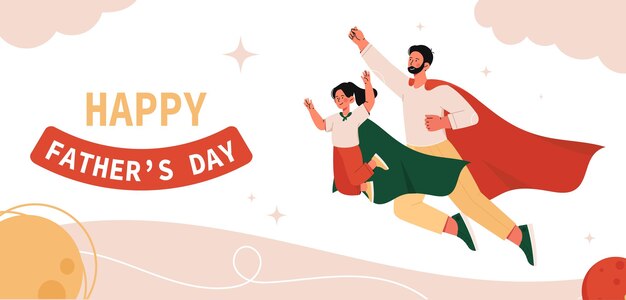 El concepto del día de los padres Fiesta y festival internacional Hombre con hija en capas de superhéroe Fantasía y sueño Amor y cuidado Ilustración vectorial plana de dibujos animados aislada sobre fondo blanco