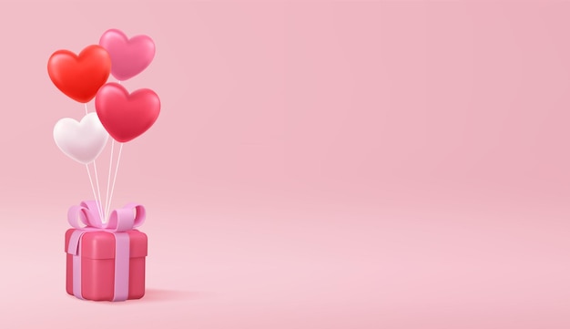 Concepto de día de San Valentín. Aire caliente del corazón 3D volando con caja de regalo sobre fondo rosa. Concepto de amor para feliz día de la madre, día de san valentín, día de cumpleaños. ilustración vectorial