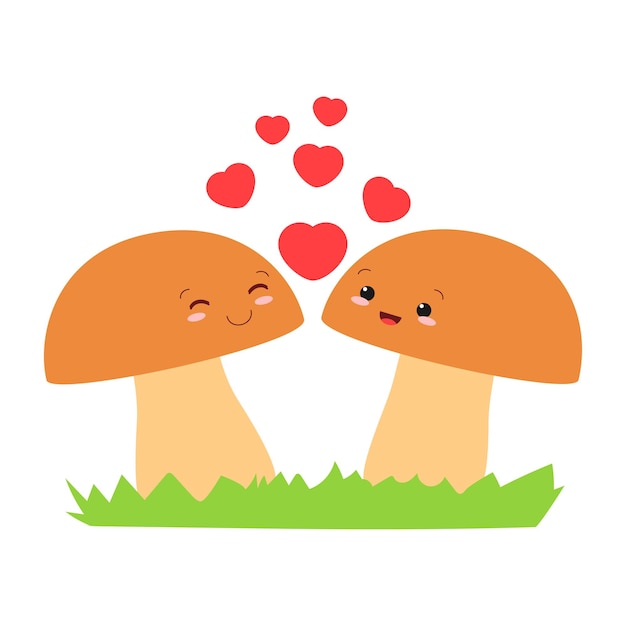 Concepto para el día de san valentín con dos hongos enamorados de corazones. ilustración vectorial