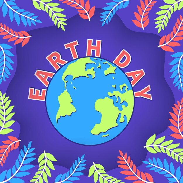 Concepto del día de la tierra, salvar el planeta, protección del medio ambiente. Planeta Tierra con hojas decorativas. Ilustración gráfica plana para postales, portadas, carteles, folletos. Globo de vector.