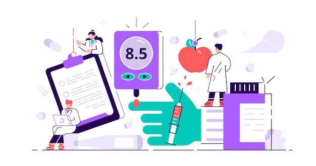 Concepto de diabetes alto nivel de azúcar en personas con sangre. tratamiento de la enfermedad con inyección de insulina estilo de vida. problemas de conciencia y control de equipos o terapia de control de la dieta. ilustración pequeña y plana