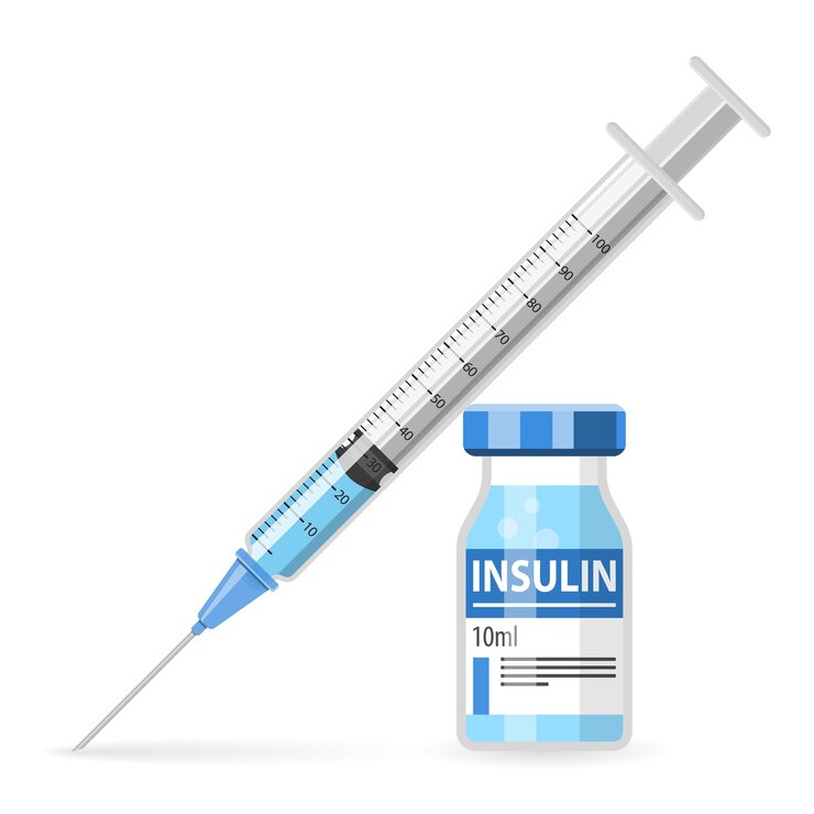 Vector concepto de diabetes con jeringa y frasco de insulina en estilo plano