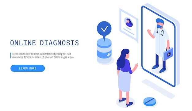 Concepto de diagnóstico en línea Pacientes mujeres que se reúnen con un médico en línea para consulta Banner web Vector illustrationxA