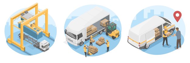 concepto de diagrama de gestión de procesos logísticos con almacén de envío y vector isométrico de entrega
