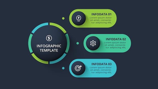 Concepto de diagrama para infografía con opciones de 3 pasos, partes o procesos Plantilla para web sobre fondo negro