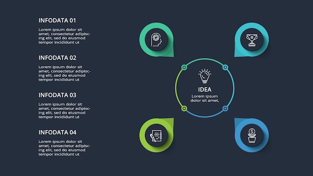 Concepto de diagrama para infografía con opciones de 4 pasos, partes o procesos Plantilla para web sobre fondo negro
