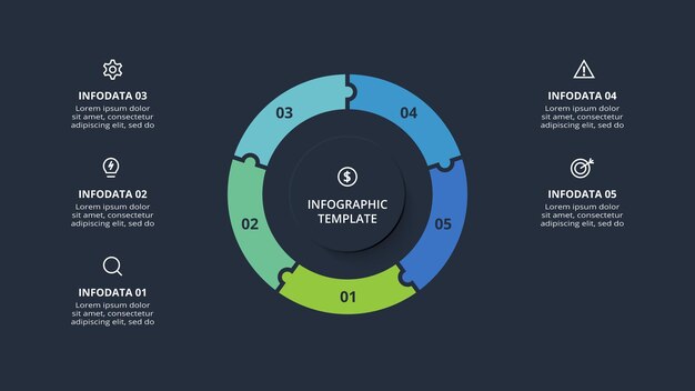 Concepto de diagrama para infografía con opciones de 5 pasos, partes o procesos plantilla para web sobre fondo negro