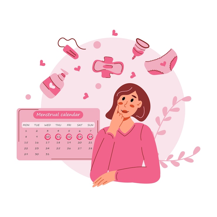 Vector el concepto de días críticos la joven estaba pensando en el contexto de un calendario y artículos de higiene mujeres con menstruación vector ilustración plana