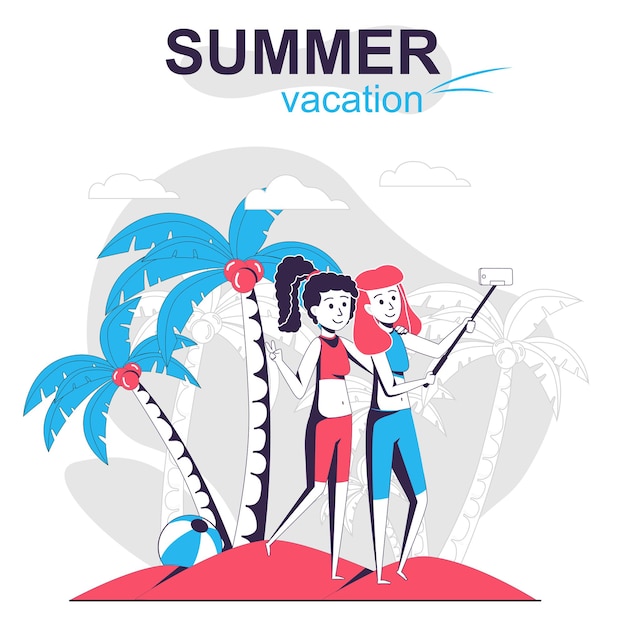 Vector concepto de dibujos animados aislado de vacaciones de verano las mujeres felices toman selfie en la playa del mar