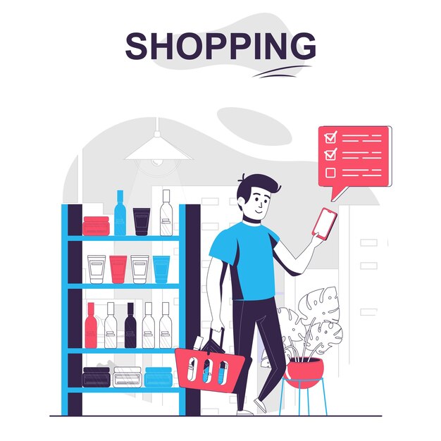 Concepto de dibujos animados aislados de compras El hombre compra productos de la lista en la aplicación móvil en los clientes de la tienda
