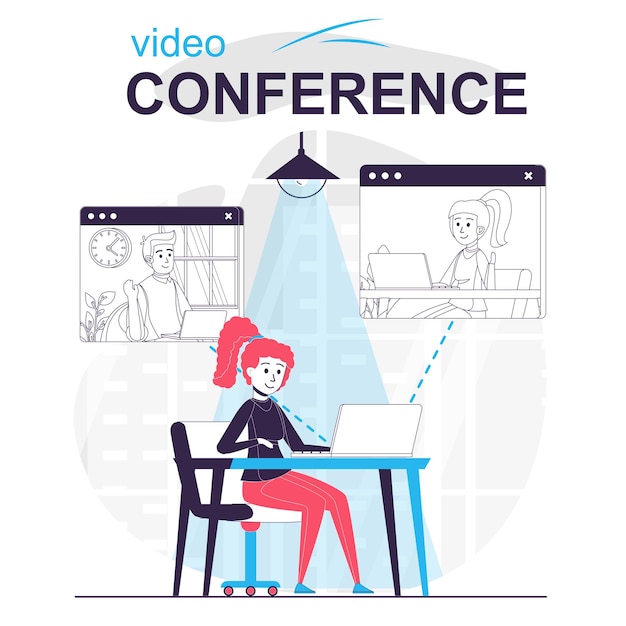 Concepto de dibujos animados aislados de videoconferencia Mujer hablando con amigos en videollamada por computadora portátil