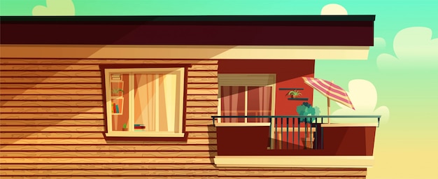 Concepto de dibujos animados de la casa fuera, apartamento de varios pisos, balcón en un edificio. ilustración.