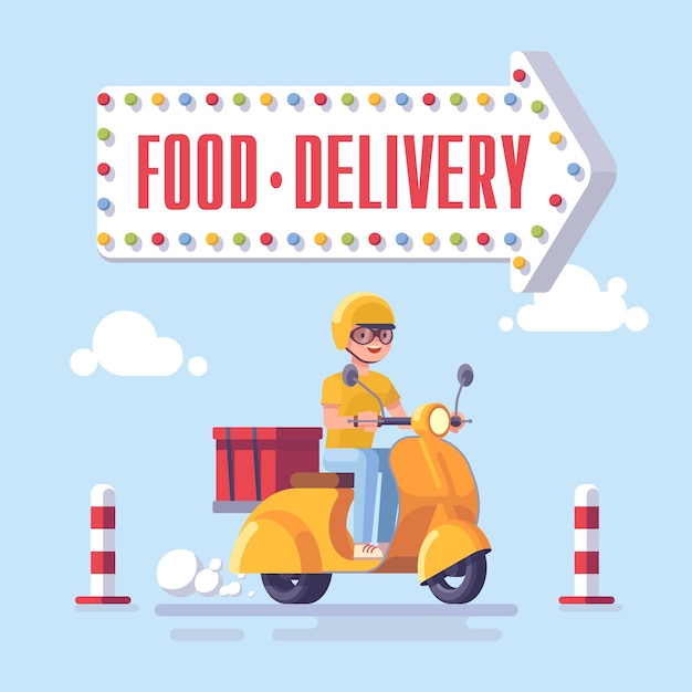 Concepto de dibujos animados de entrega de alimentos repartidor plano en scooter de entrega ilustración vectorial