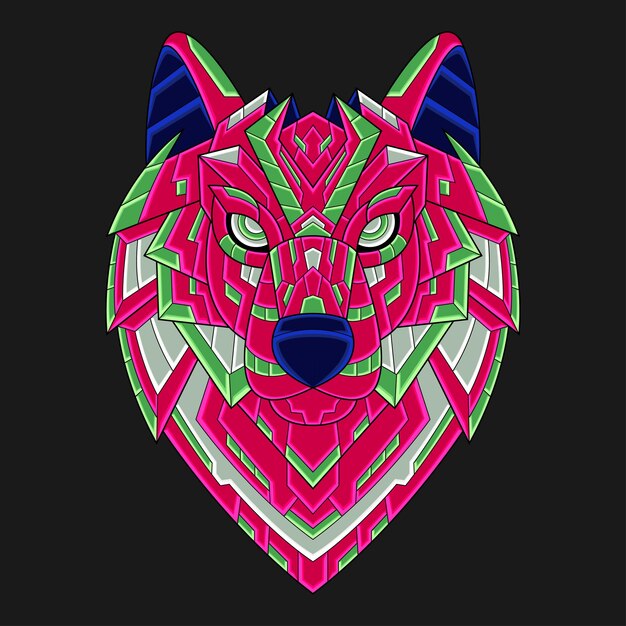 Concepto de dibujos animados de ilustración de cabeza de lobo de arte de Doodle de ornamento colorido abstracto