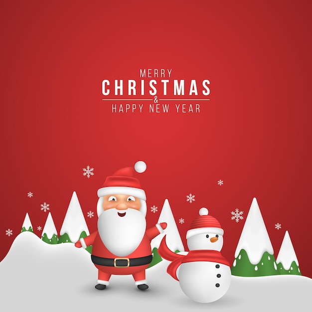 Concepto de dibujos animados de Navidad. Dibujos animados emocionales santa y muñeco de nieve en el fondo de abeto decorativo con ventisquero y copos de nieve. Portada de feliz año nuevo. Vector