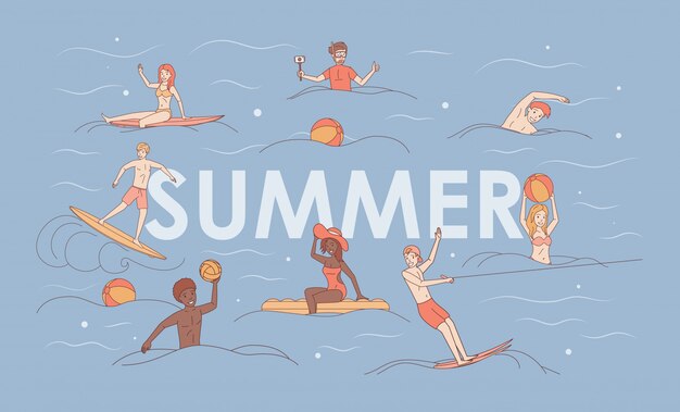 Concepto de dibujos animados de vacaciones de verano. Deporte acuático y actividad.