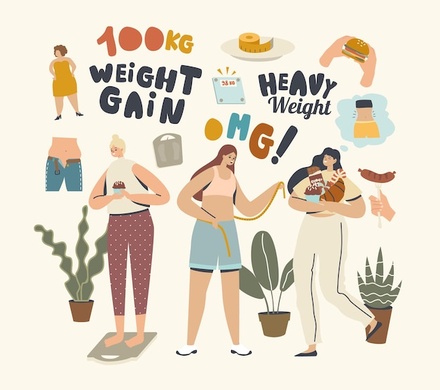 Sin concepto de dieta. Aumento de peso de personajes femeninos. Las mujeres comen comidas pesadas y hamburguesas de comida rápida, chocolate, rosquillas, bebidas gaseosas y disfrutan de una alimentación poco saludable, bocadillos de comida rápida. Ilustración de Vector de personas lineales