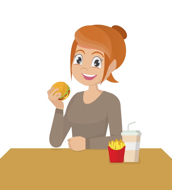 Vector el concepto de dieta poco saludable y estilo de vida incorrecto. la mujer está comiendo comida rápida.