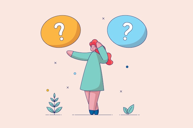 Concepto de dilema de elección Persona interrogada desconcertada que duda en la toma de decisiones correcta