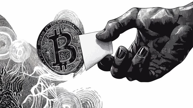 Vector concepto de dinero de papel en la mano y símbolo de bitcoin para transacciones financieras