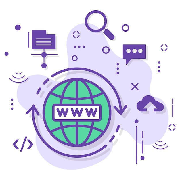 Concepto de dirección de sitio web, diseño de iconos vectoriales de world wide web, computación en nube y alojamiento de internet