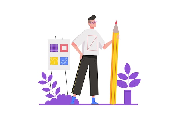 Concepto de director creativo en diseño plano. El hombre trabaja en un estudio de arte y gestiona proyectos. El diseñador dibuja y trabaja con estampados y colores. Ilustración de vector con escena de personas aisladas para banner web