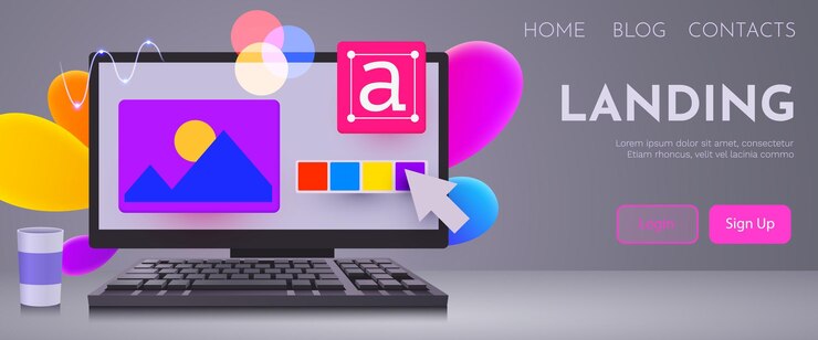 Vector concepto de diseñador y artista digital computadora con elementos de diseño diseño para presentación