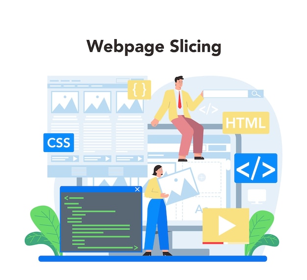 Concepto de diseñador de diseño Desarrollo web Diseño y optimización de aplicaciones móviles Plantilla de interfaz de usuario de construcción de personas Tecnología informática Ilustración de vector plano