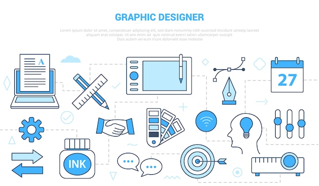 Concepto de diseñador gráfico con banner de plantilla de conjunto de iconos con estilo moderno de color azul