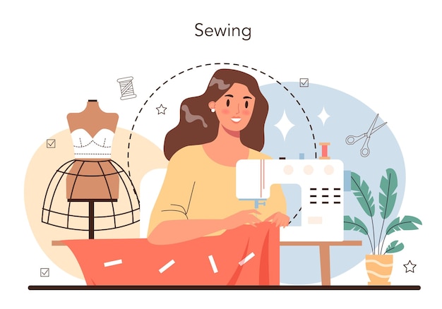 Concepto de diseñador de moda sastre profesional cosiendo o ajustando ropa modista trabajando en una máquina de coser eléctrica y tomando medidas ilustración plana vectorial