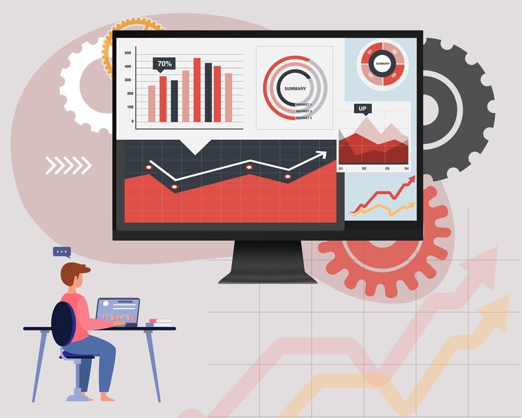 Vector concepto de diseño analítico de datos empresariales y tablero de monitoreo de informes de inversión de finanzas empresariales