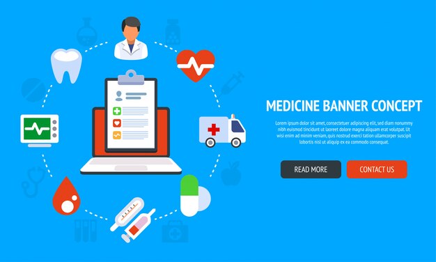 Concepto de diseño de banner de color plano para medicina y salud y tratamiento en línea.