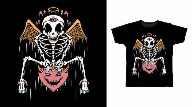 Concepto de diseño de camiseta de ángel esqueleto