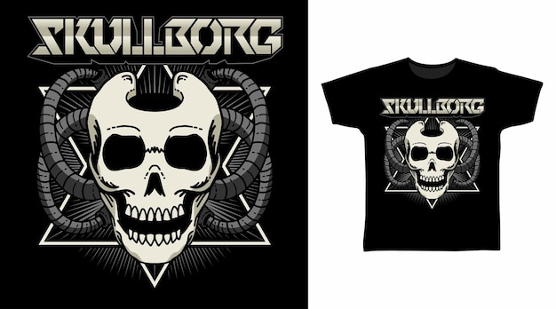 Concepto de diseño de camiseta con ilustración de calavera mecánica con manguera gris.