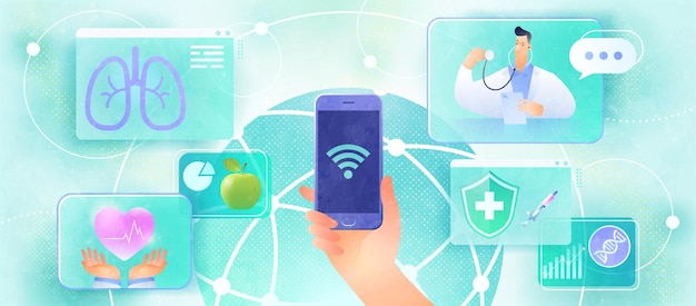 Concepto de diseño de consulta médica en línea mediante videollamadas de teléfonos inteligentes a un médico y conexión de servicios médicos a través de una red global y wifi