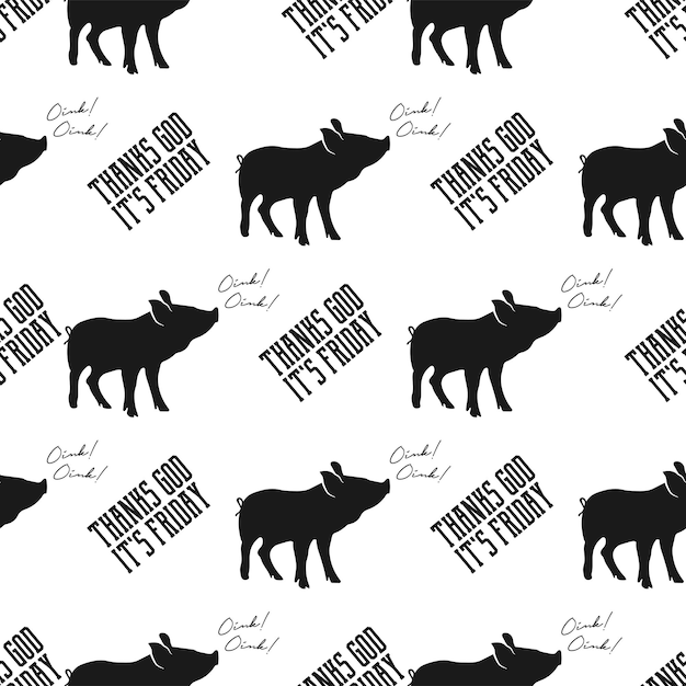 Concepto de diseño sin costuras con cerdo y cita "TGIF" (el acrónimo de "Thank God it's Friday"). Ilustración divertida retro. Estilo de silueta dibujada a mano vintage. Stock vector.