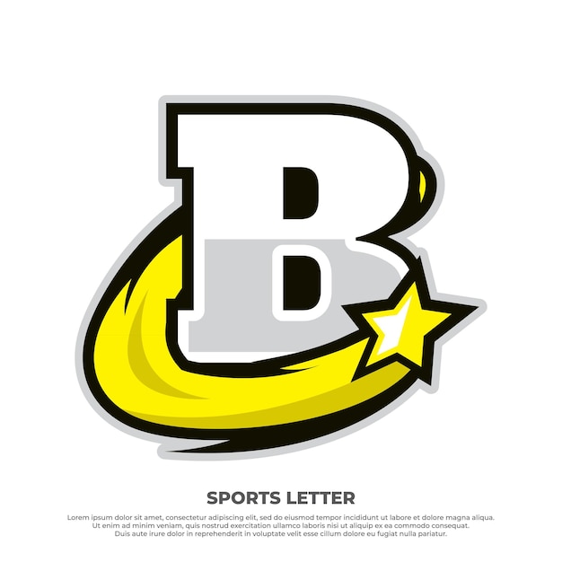 Vector concepto de diseño deportivo de letra b inicial con estrella swosh aislada en diseño de deporte de fondo blanco