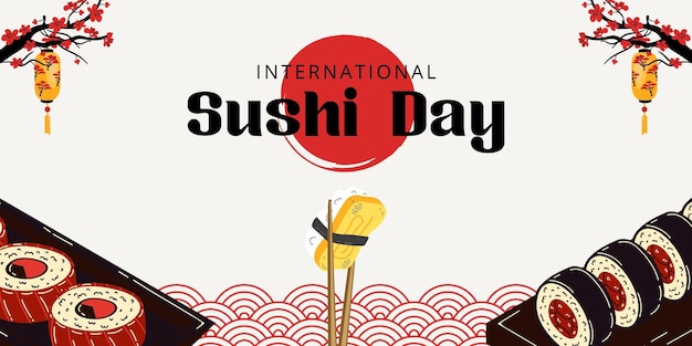 Concepto de diseño para el Día Internacional del Sushi para carteles, pancartas, fondo, palillos y patrón japonés