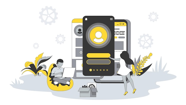 Concepto de diseño de diseños UI UX en diseño plano con personas Hombre y mujer crean interfaz de usuario en la pantalla móvil y optimizan lugares de botones Ilustración vectorial con escena de personaje para banner web