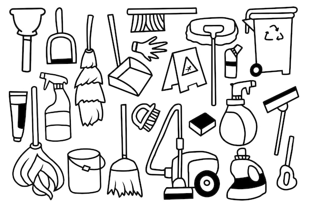 Concepto de diseño de estilo de doodle de herramientas de limpieza del hogar