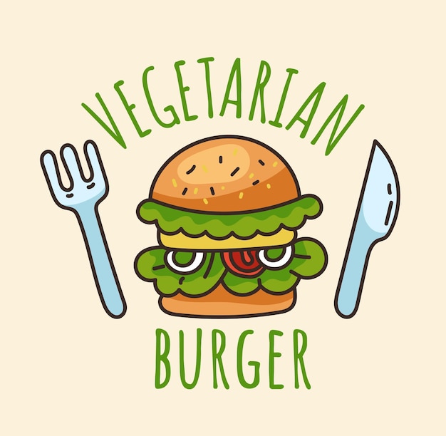 Concepto de diseño de etiqueta engomada del logotipo de hamburguesa vegetariana ilustración de diseño gráfico de dibujos animados planos vectoriales