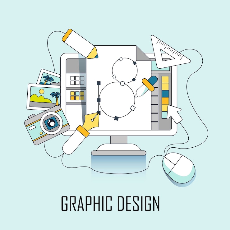Vector concepto de diseño gráfico: computadora y elementos de diseño en estilo de línea