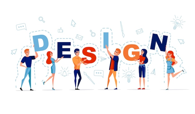 Concepto de diseño con hombre y mujer sosteniendo letras Diseño con icono en la ilustración de vector de fondo