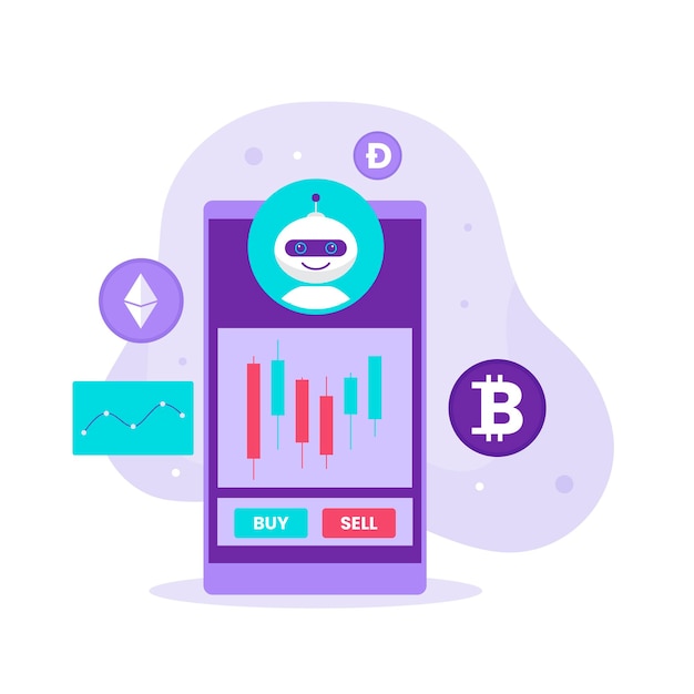 Concepto de diseño de ilustración de estrategia de bot de comercio de divisas criptográficas. ilustración para sitios web, páginas de destino, aplicaciones móviles, carteles y pancartas.