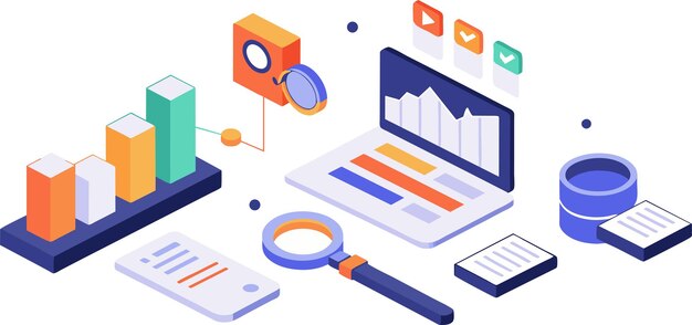 Concepto de diseño de ilustración isométrica Analizar datos y optimización SEO de búsqueda