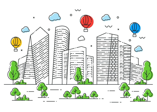 Concepto de diseño de ilustración de línea de ciudad con árbol y globo de aire