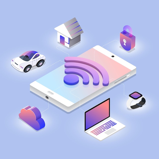Concepto de diseño de ilustraciones isométricas, tecnología de red inalámbrica que funciona en un dispositivo móvil