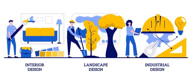 Concepto de diseño interior, paisajístico e industrial con gente pequeña. Conjunto de ilustración de vector abstracto de ideas de ingeniería. Mobiliario para el hogar profesional, metáfora de servicios de diseño de decoración al aire libre.